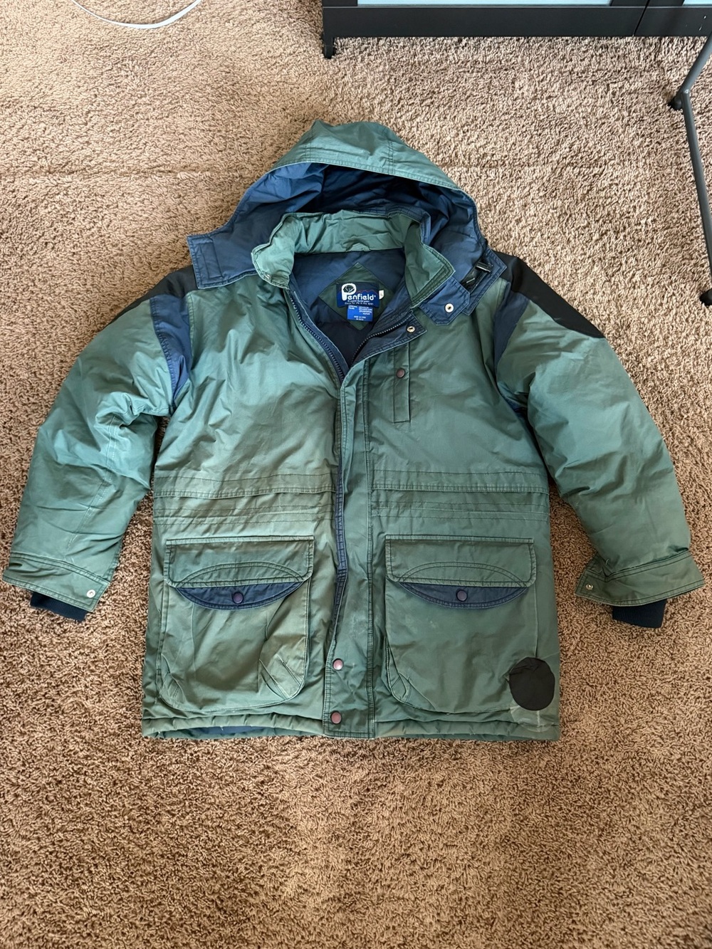 Vintage 80s/90s Penfield Hooded Puffer Down Jacket in Green with Navy Accents